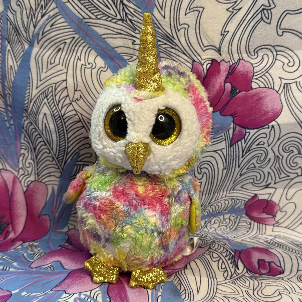 TY Beanie Boos Silk Enchanted‎ Unicorn Owl Plush Gold Horn Eyes Feet 8"